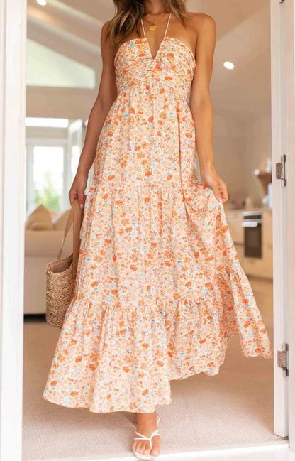 Floral Halter Ruched Maxi Dress