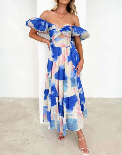 Puff Off the Shoulder Twist Floral Maxi Dress