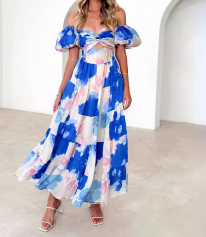 Puff Off the Shoulder Twist Floral Maxi Dress