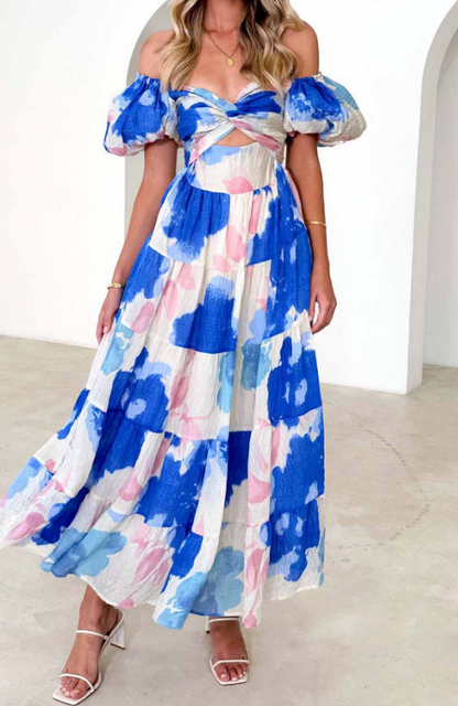 Puff Off the Shoulder Twist Floral Maxi Dress