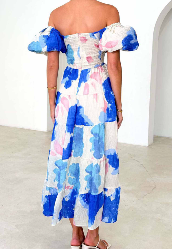 Puff Off the Shoulder Twist Floral Maxi Dress