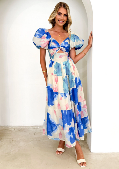 Puff Off the Shoulder Twist Floral Maxi Dress