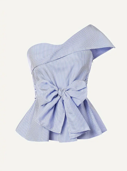 Striped Bow Front One Shoulder Top