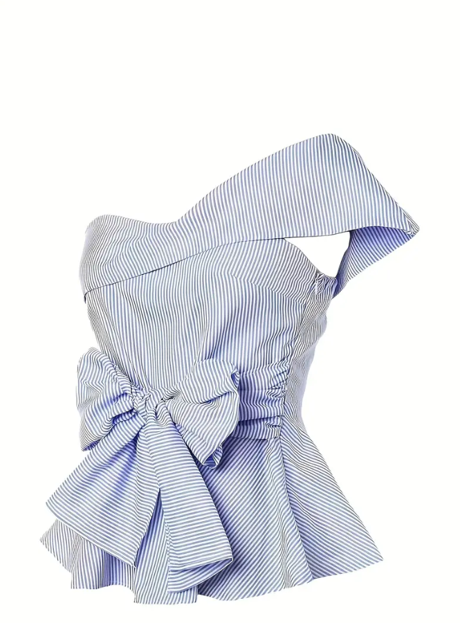 Striped Bow Front One Shoulder Top