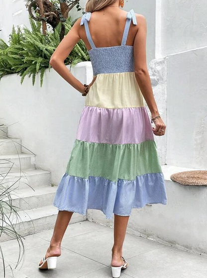 Striped Colorblock Ruffle Trim Midi Dress