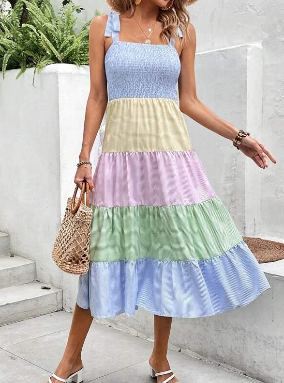 Striped Colorblock Ruffle Trim Midi Dress