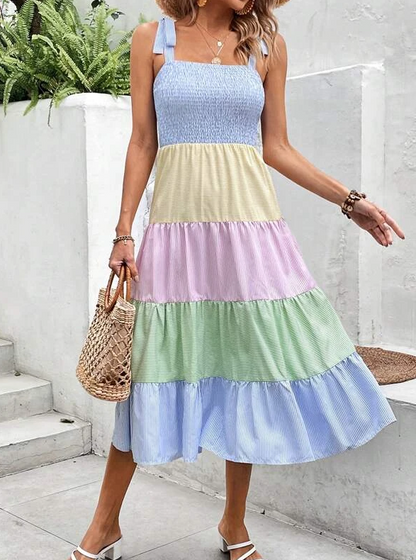 Striped Colorblock Ruffle Trim Midi Dress