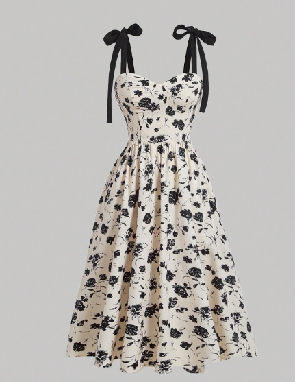 Ivory and Black Floral Print Dress