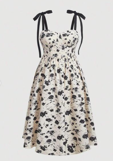 Ivory and Black Floral Print Dress