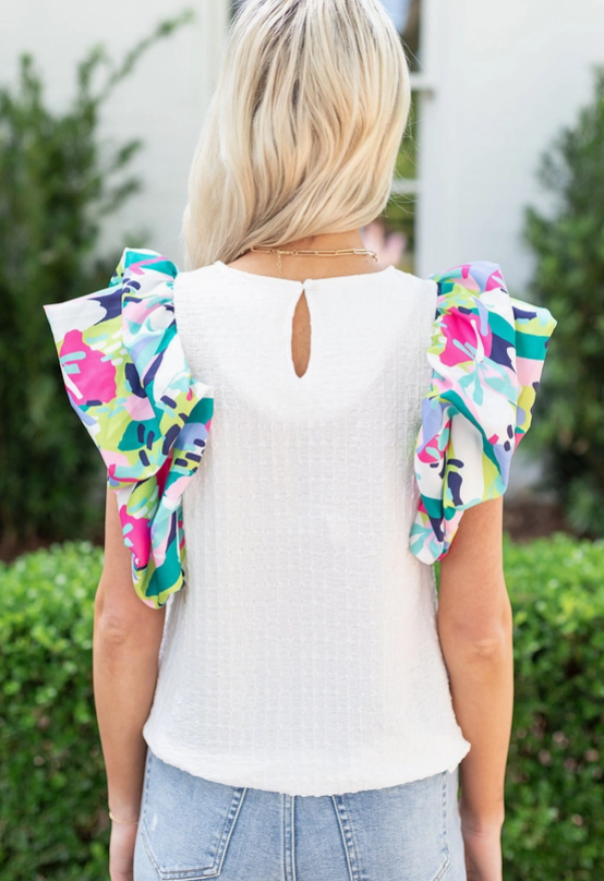 White Multi Round Neck Ruffle Top