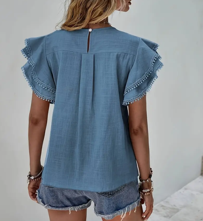 Plus Size Round Neck Loose Ruffle Short Sleeved Top