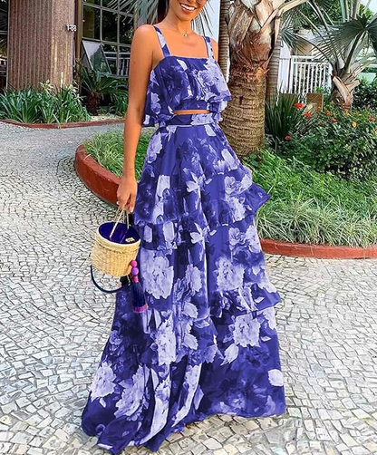 Floral Ruffled Two Piece Camisole Top and Maxi Skirt