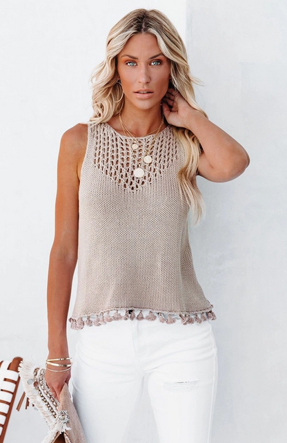 Hollow Out Tassel Hem Sleeveless Top