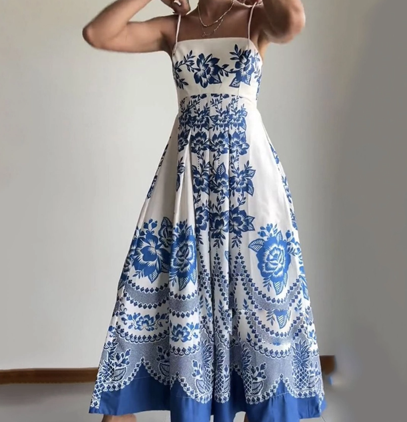 Blue and White Floral Print Ankle Maxi Dress