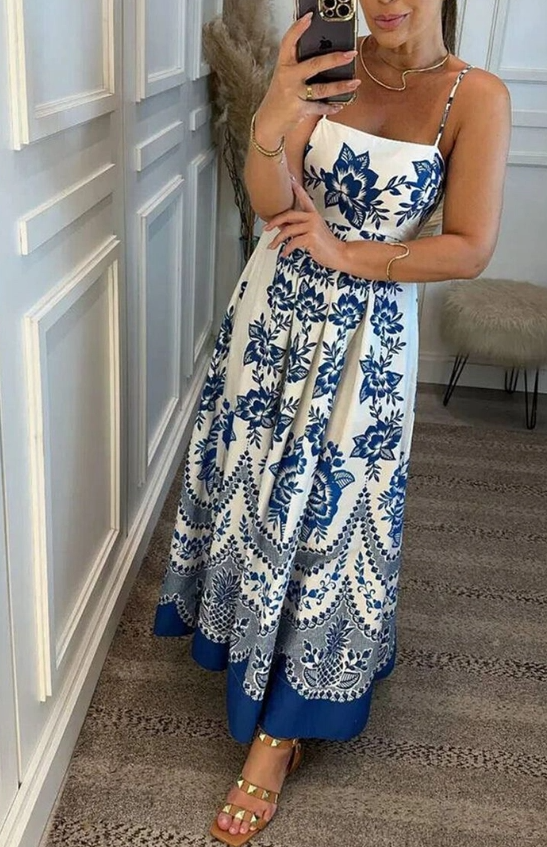 Blue and White Floral Print Ankle Maxi Dress