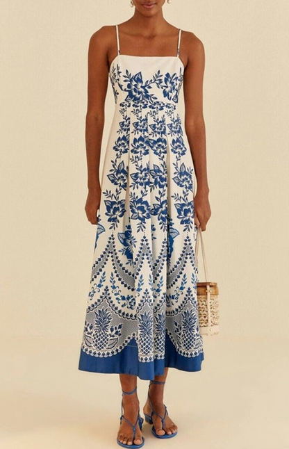 Blue and White Floral Print Ankle Maxi Dress