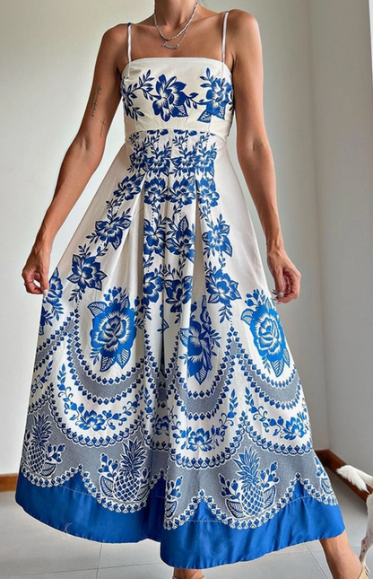 Blue and White Floral Print Ankle Maxi Dress