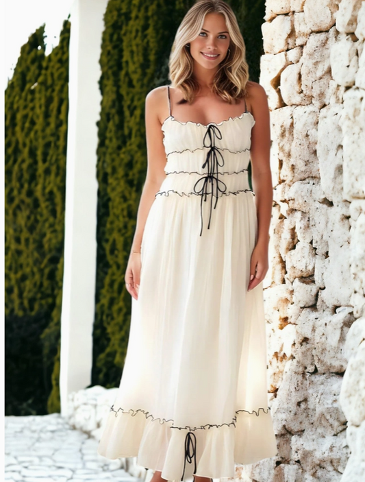 White With Black Tie Detail Lace Up Swing Ruffle Dress