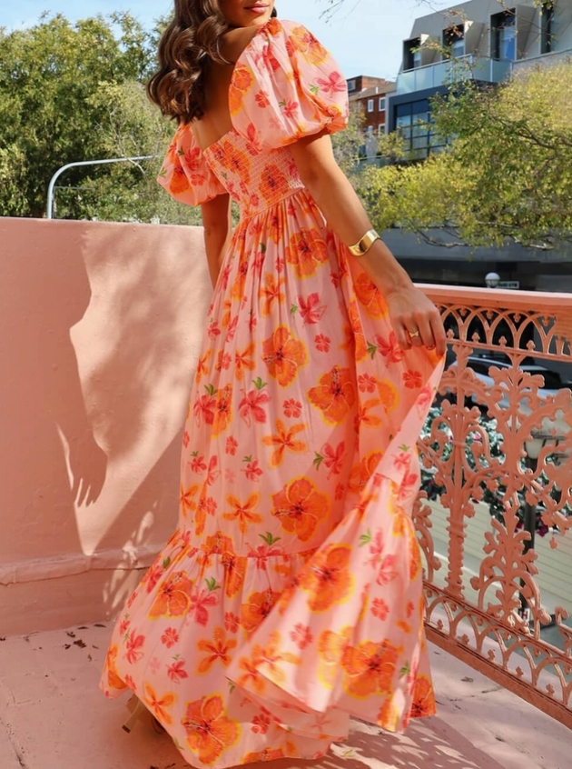 Formal Affair Boutique Orange Floral Print Puff Sleeve Maxi Dress M