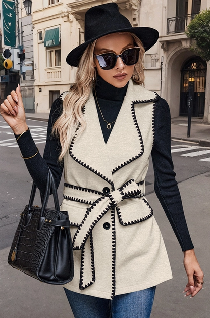 Beige Black Tailored Contrast Trim Vest With Belt