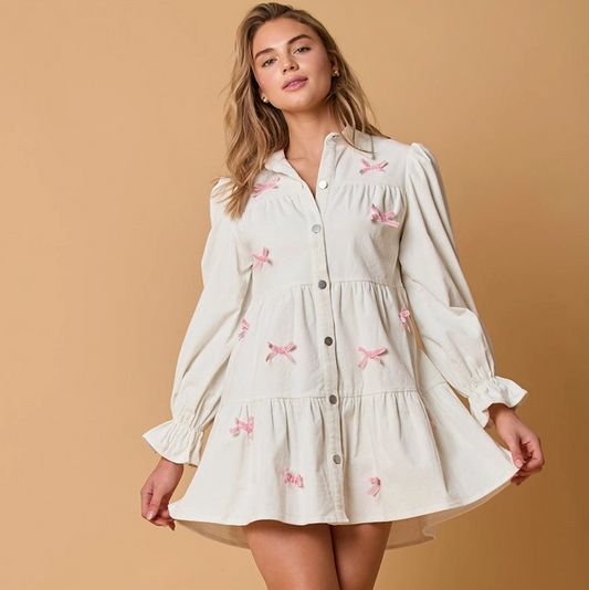 White Pink Color Bow Loose Lantern Sleeve Mini Dress