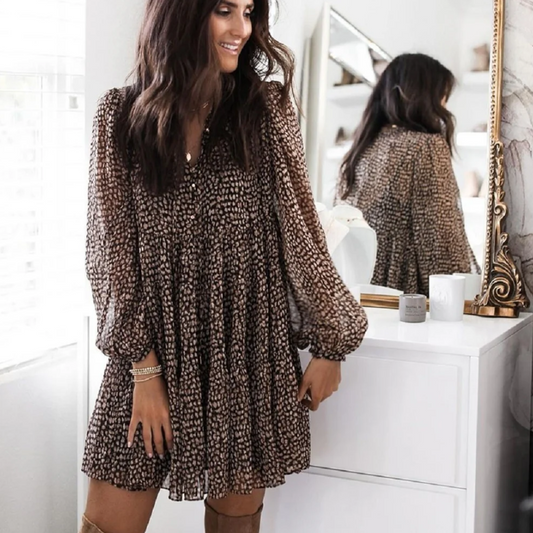 Long Sleeves Loose Buttoned Leopard Pleated V-Neck Mini Dresses