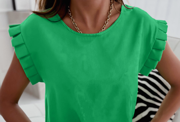 Green Pleated Sleeve Round Neck Top