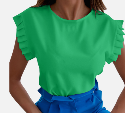 Green Pleated Sleeve Round Neck Top