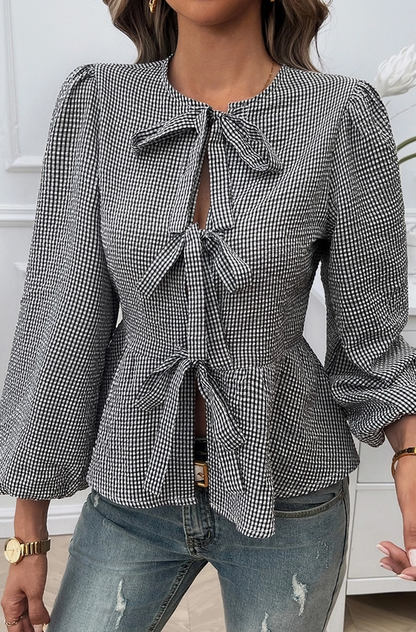 Plaid Puff Sleeves Bow Tie Front Ruffle Top