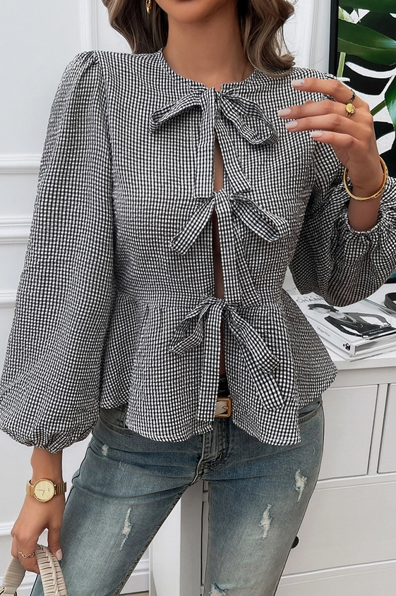 Plaid Puff Sleeves Bow Tie Front Ruffle Top