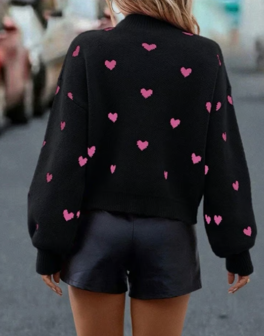 Black Hearts Crew Neck Long Sleeve Pullover Sweater