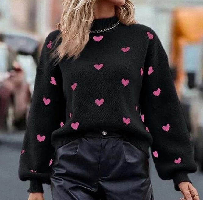 Black Hearts Crew Neck Long Sleeve Pullover Sweater