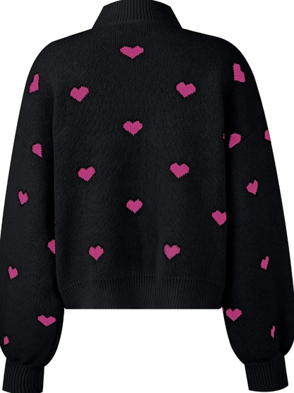 Black Hearts Crew Neck Long Sleeve Pullover Sweater