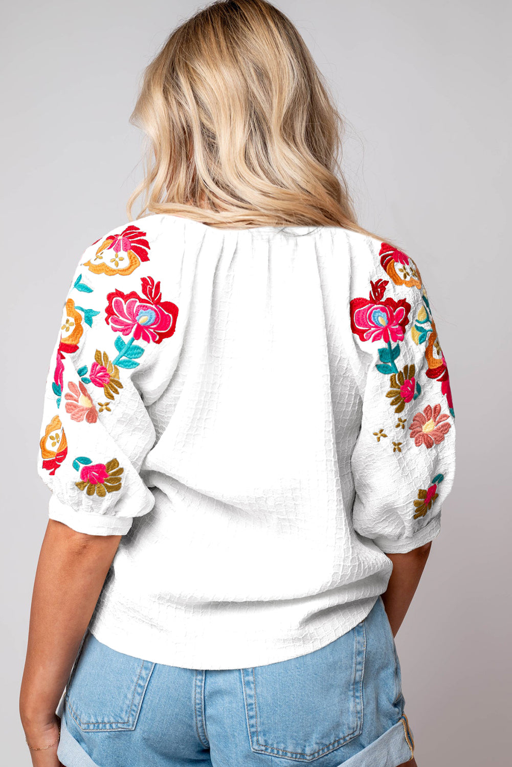 Floral Embroidered Ricrac Puff Sleeve Textured Blouse