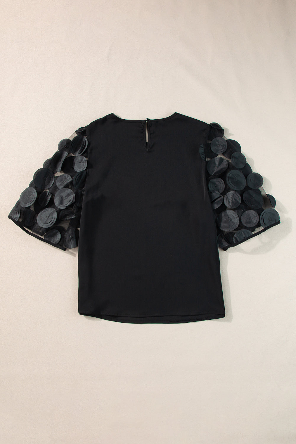 Black Contrast Applique Mesh Short Sleeve Blouse