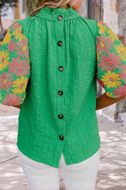 Bright Green Floral Puff Short Sleeve Ruffled Collar Button Back Top