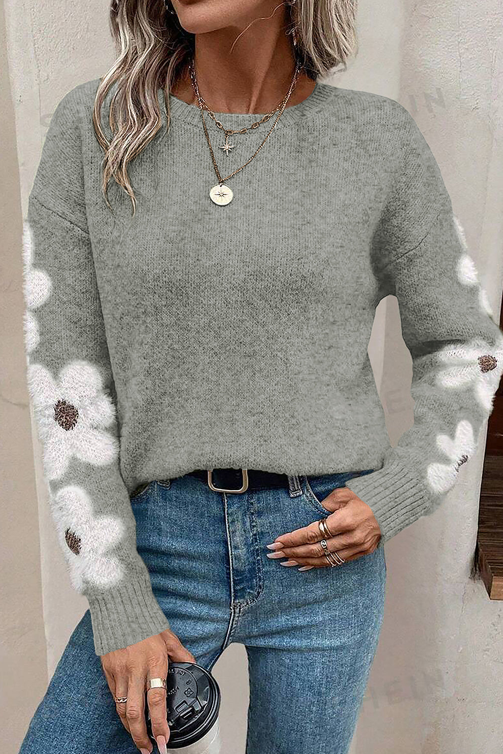 Light Grey Flower Sleeve Drop Shoulder Sweater