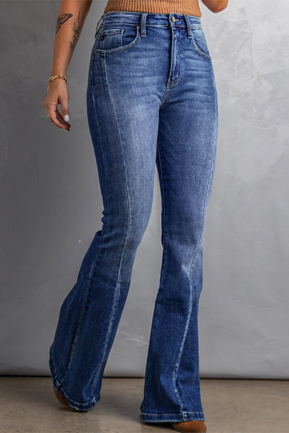 Plus Size Dark Blue Stitching Washed Flare Jeans