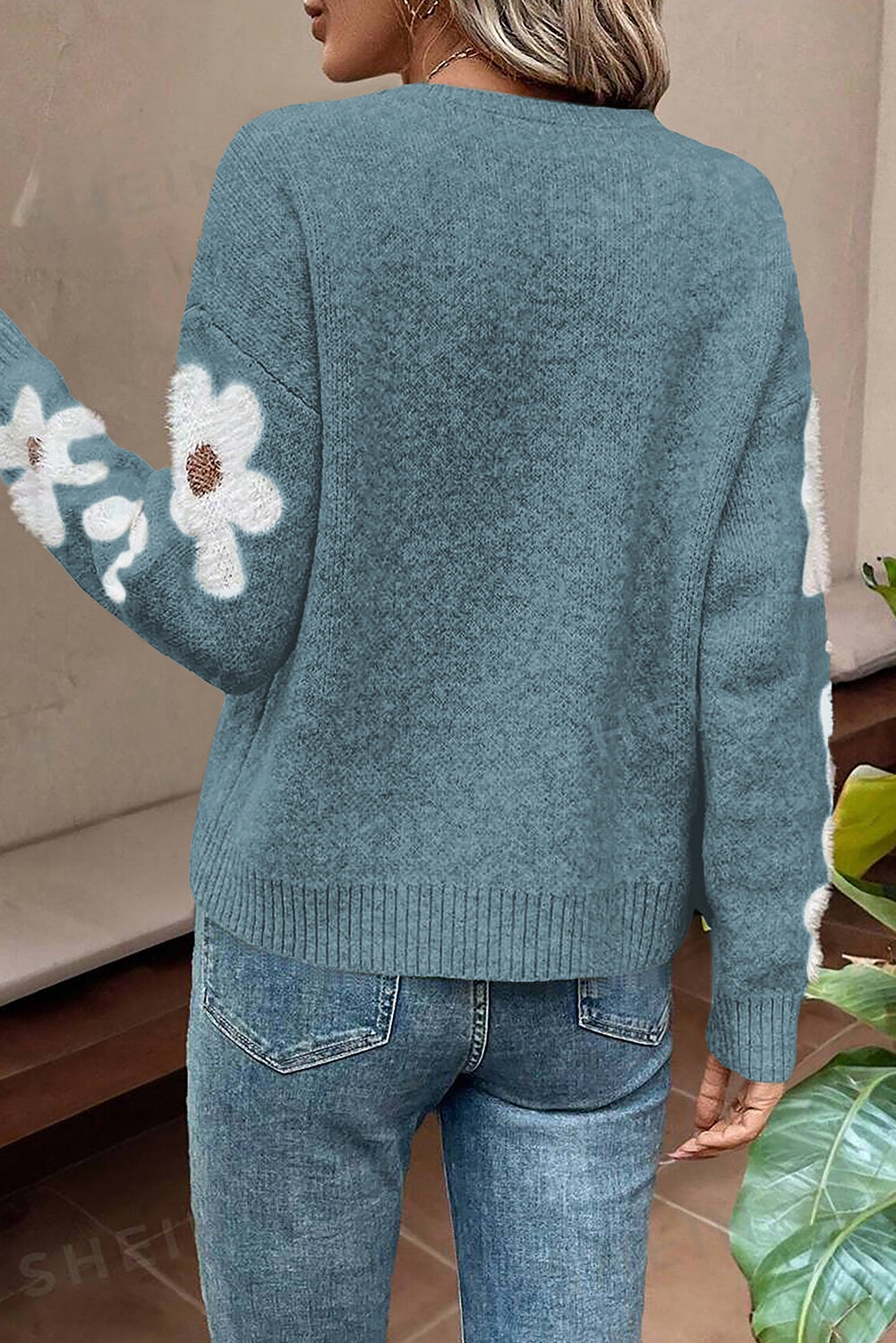 Light Grey Flower Sleeve Drop Shoulder Sweater