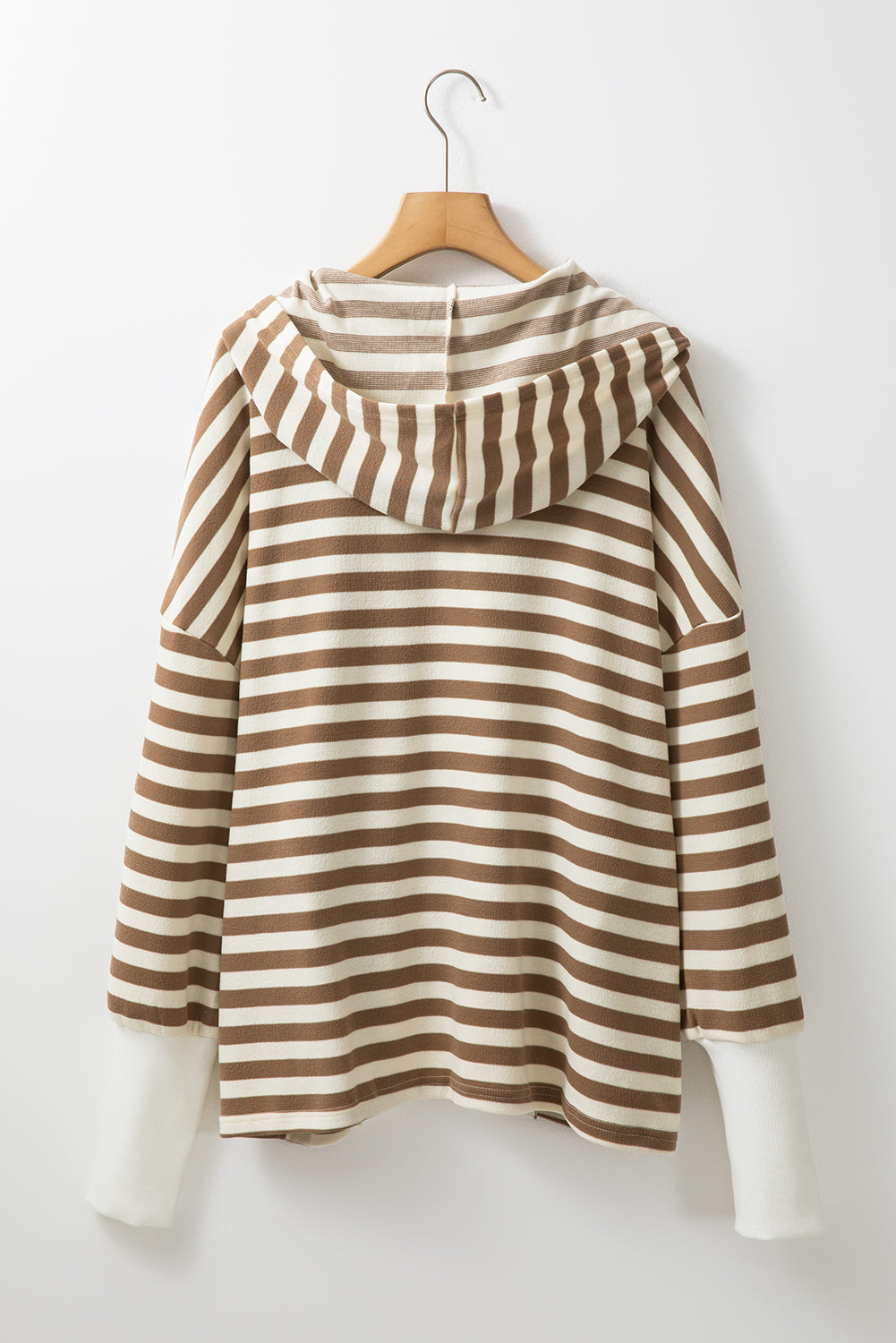 Plus Size Brown Stripe Drop Sleeve Henley Hoodie