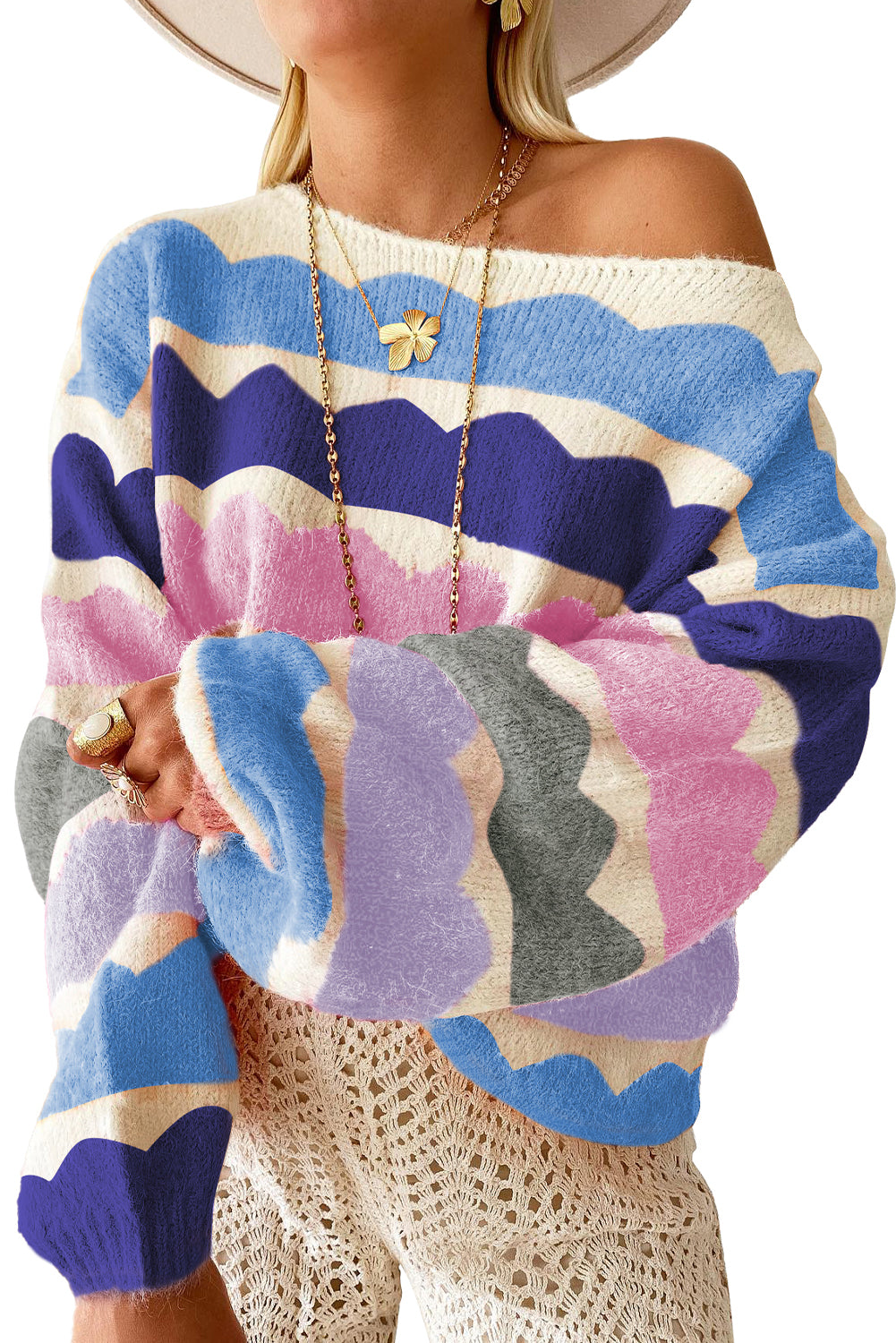 Wave Striped Balloon Sleeve Drop Shoulder Sweater