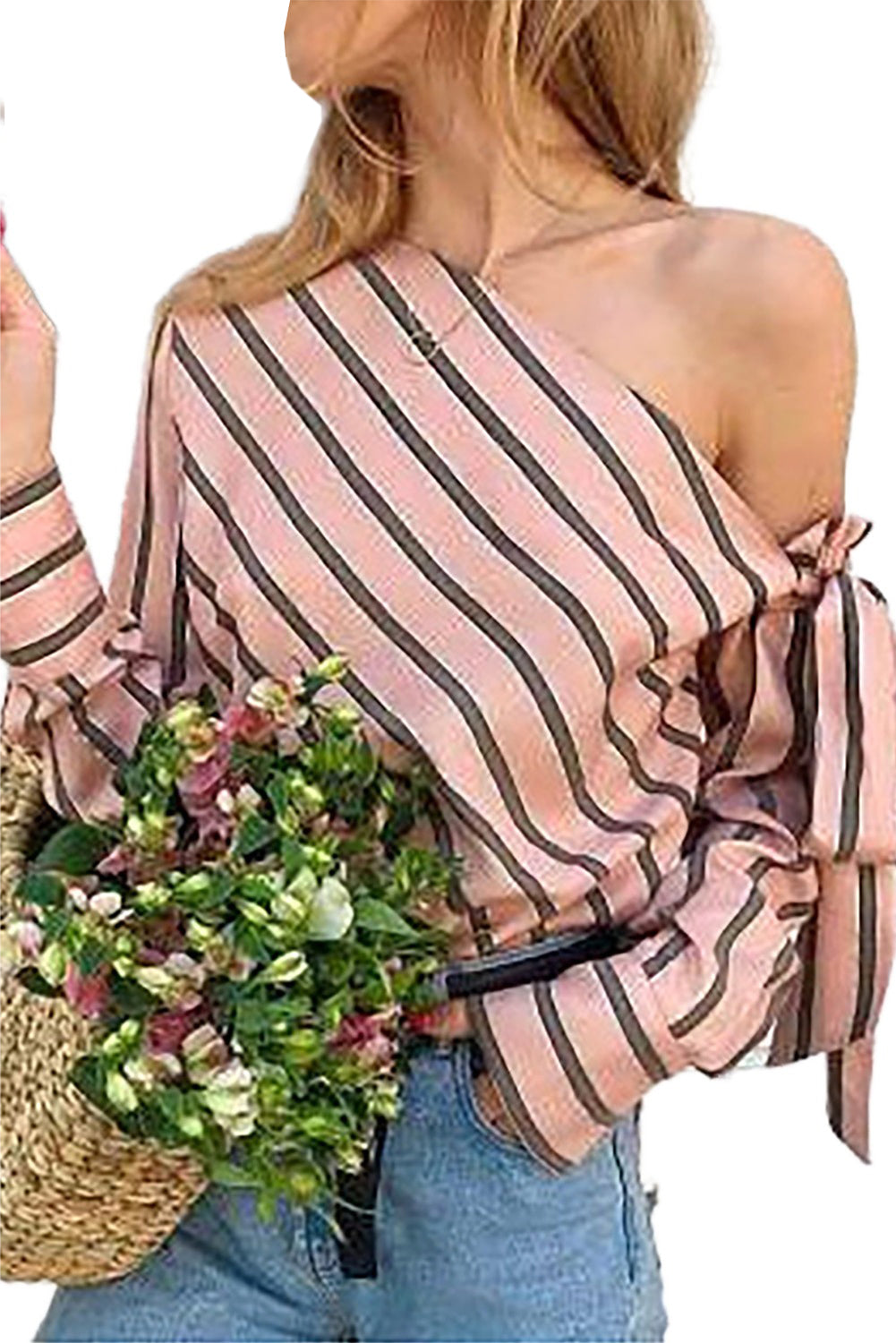 Pink Striped Asymmetric Tied Shoulder Blouse