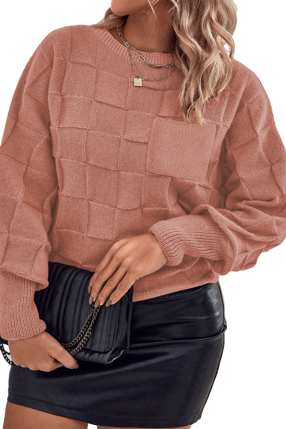 Plus Size Rose Tan Solid Checkered Textured Knit Sweater