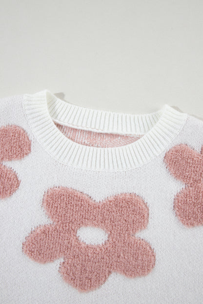 White Flower Print Loose Sweater