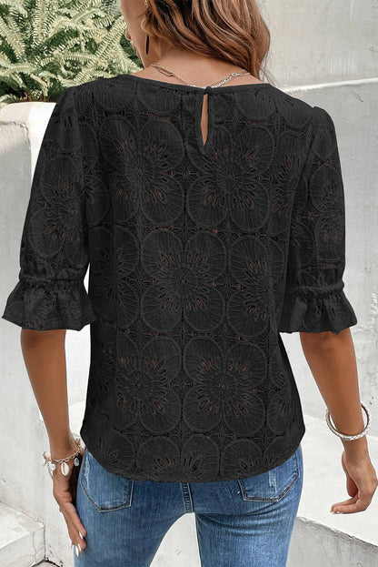 Black Floral Eyelet Jacquard Flounce Sleeve Top