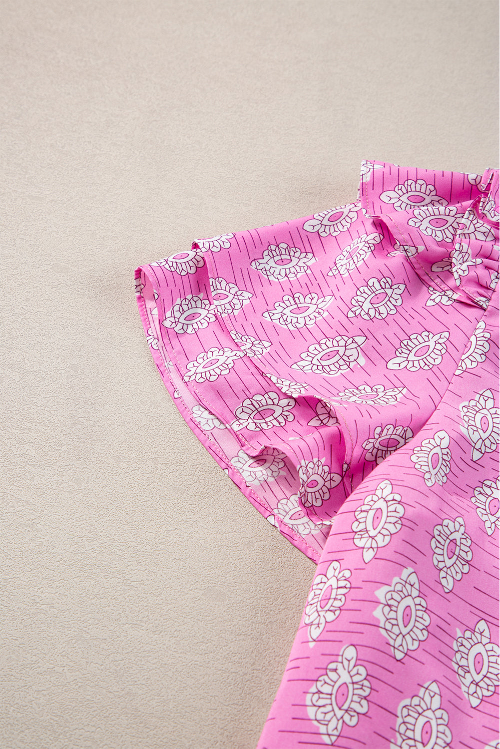 Pink Vintage Floral Ruffled Split Neck Blouse