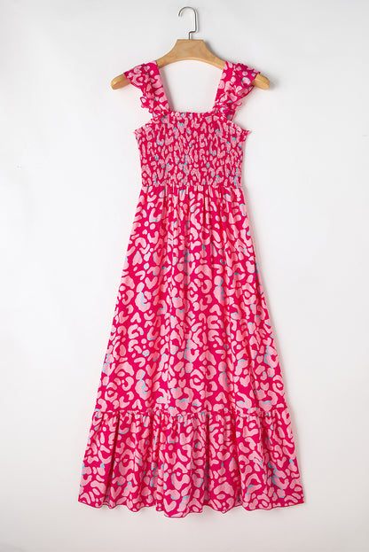 Pink Leopard Ruffle Straps Smocked High Waist Long Dress