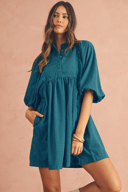 Snap Button Empire Waist Lantern Sleeve Corduroy Dress