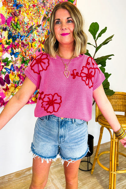 Bright Pink Flower Embroidery Short Sleeve Knitwear Top