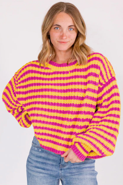 Orange Striped Bubble Sleeve Loose Sweater